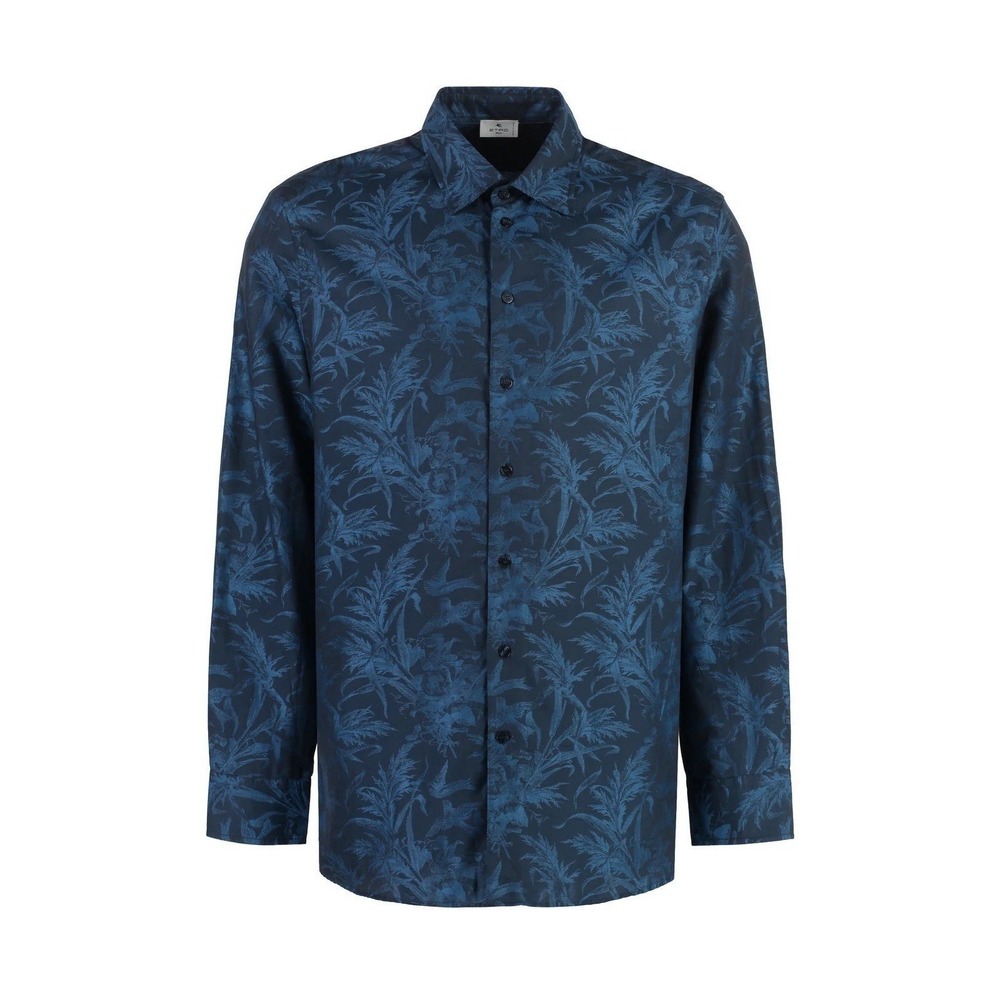 Etro Milano Mens Navy Blue Botanical Bird Jacquard Button Down Shirt 40 NEW $470